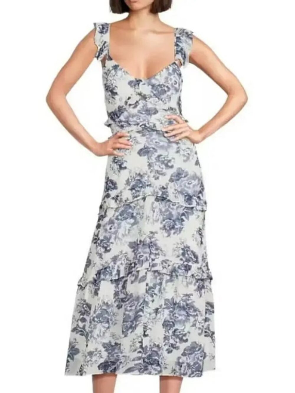 NWT O.P.T. White and Blue Floral Ruffle Midi Dress M - Picture 2 of 12